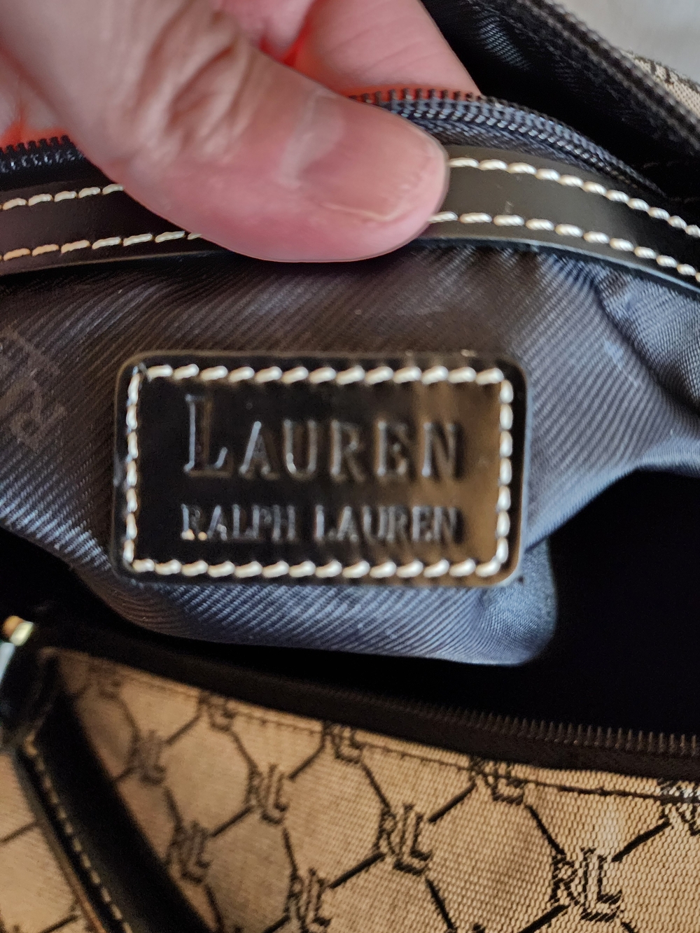 Vintage Ralph Lauren Beige Monogram Canvas Travel Tote with Navy Trim - Picture 10 of 11